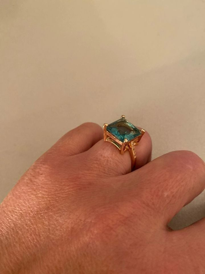 Huge Sterling Silver 12mm Square Rhinestone Sea Blue Inlaid Ring