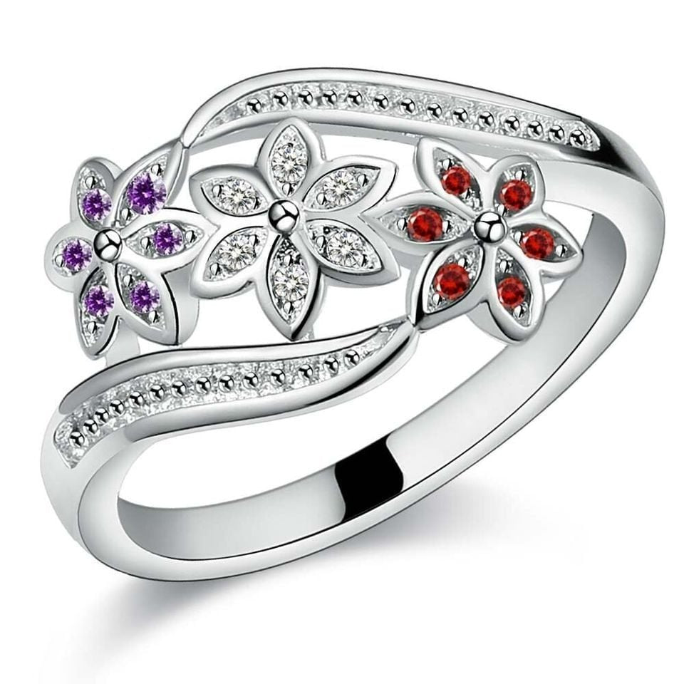 925 Sterling Silver Multi-Colored Topaz Flower Ring