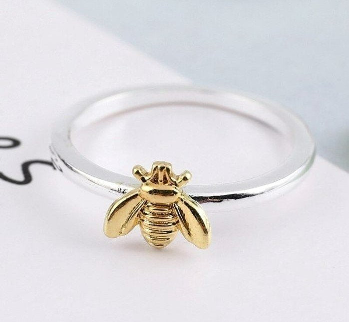 925 Sterling Silver Tiny Yellow Honey Bee Ring
