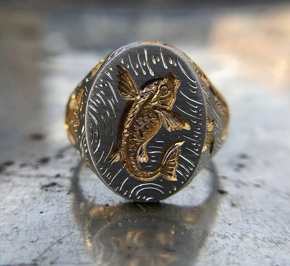 925 Sterling Silver Vintage Fossil Fish Retro Signet Ring