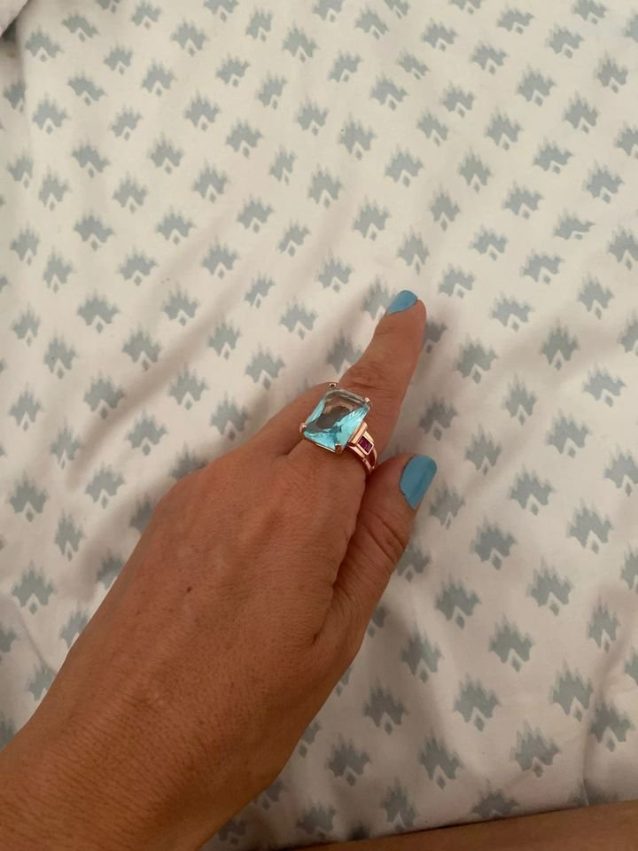 Huge Sterling Silver Sea Blue Rhinestone Emerald Cut Ring