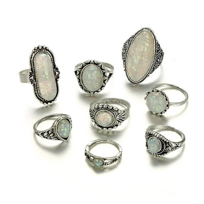 8pcs Vintage White Opal Antique Silver Ring Set