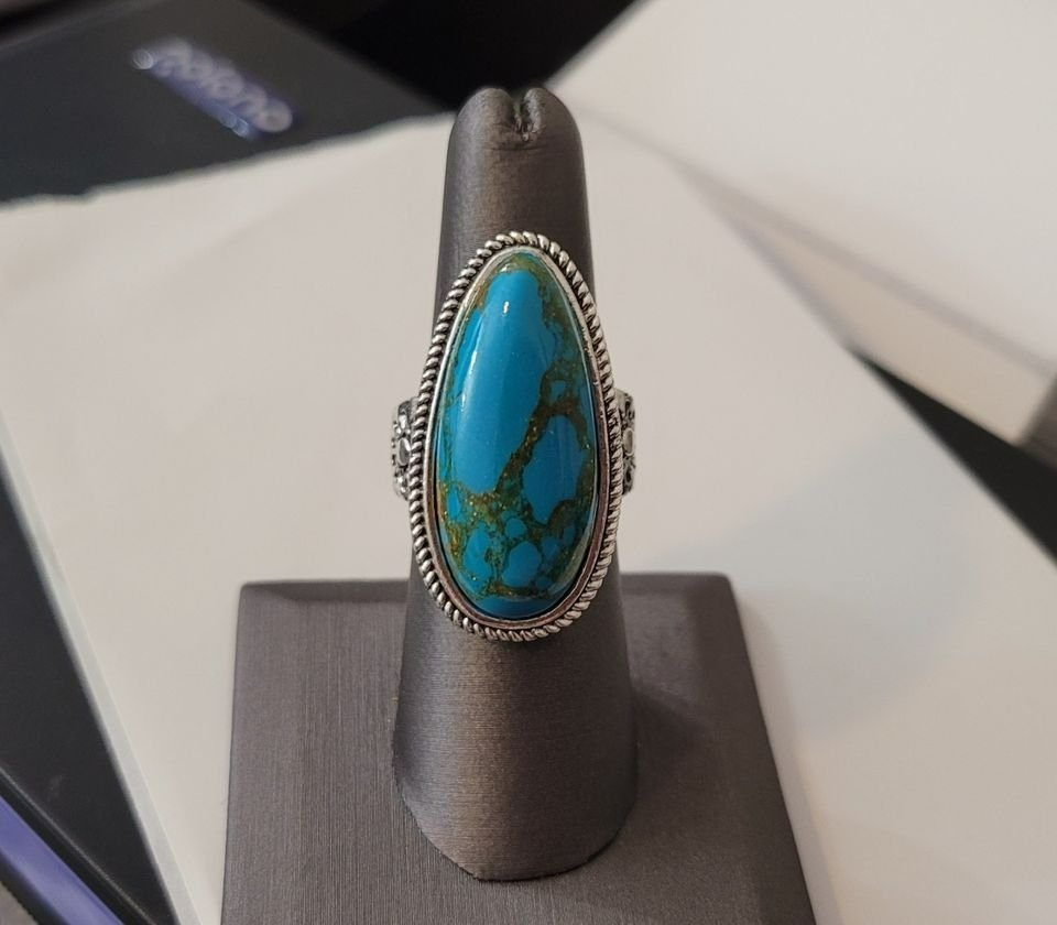 Huge Natural Blue Turquoise Flower Antique 925 Silver Ring