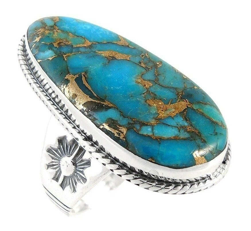Huge Natural Blue Turquoise Flower Antique 925 Silver Ring