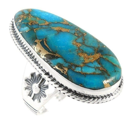 Huge Natural Blue Turquoise Flower Antique 925 Silver Ring