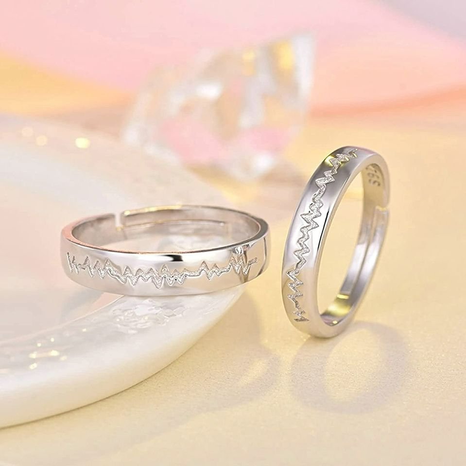 2pcs Sterling Silver Heart Electrocardiogram Matching Open Couple Rings