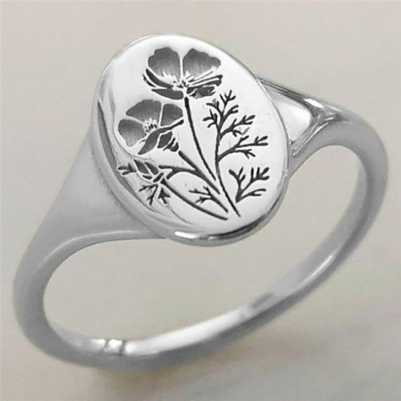 Carved Oval White 18ct Gold 750 Poppy Wildflowers Engraved Signet Ring