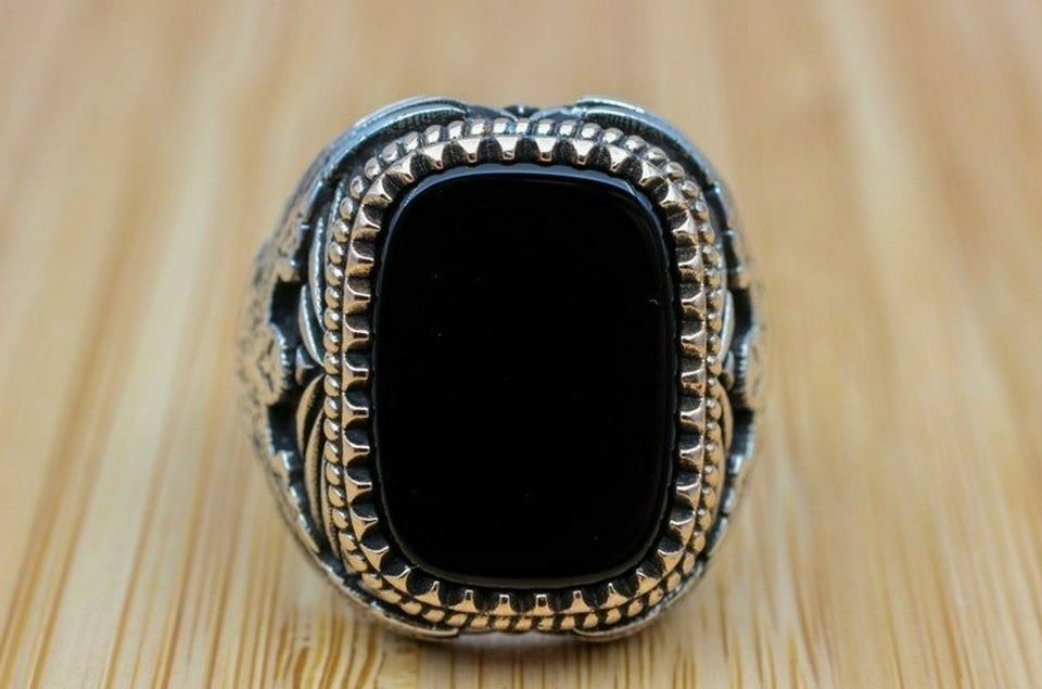 Men's Golden Black Eagle Big Retro Silver Ring