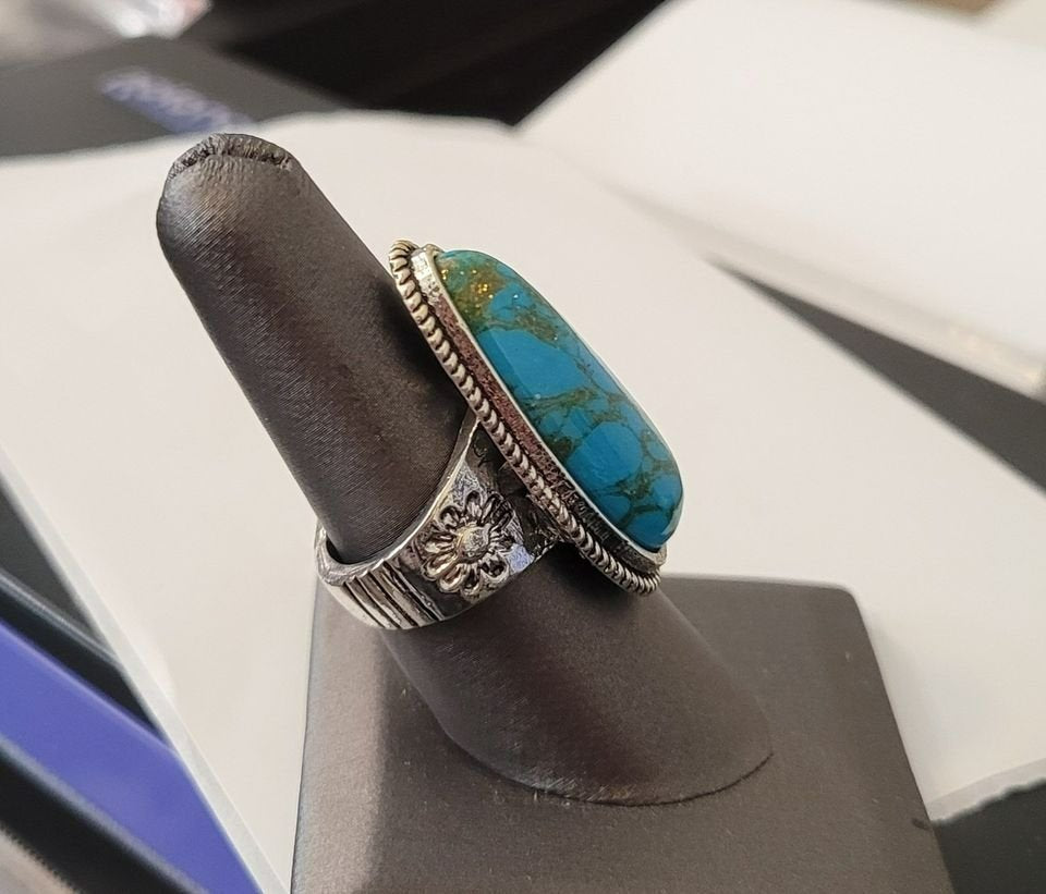 Huge Natural Blue Turquoise Flower Antique 925 Silver Ring