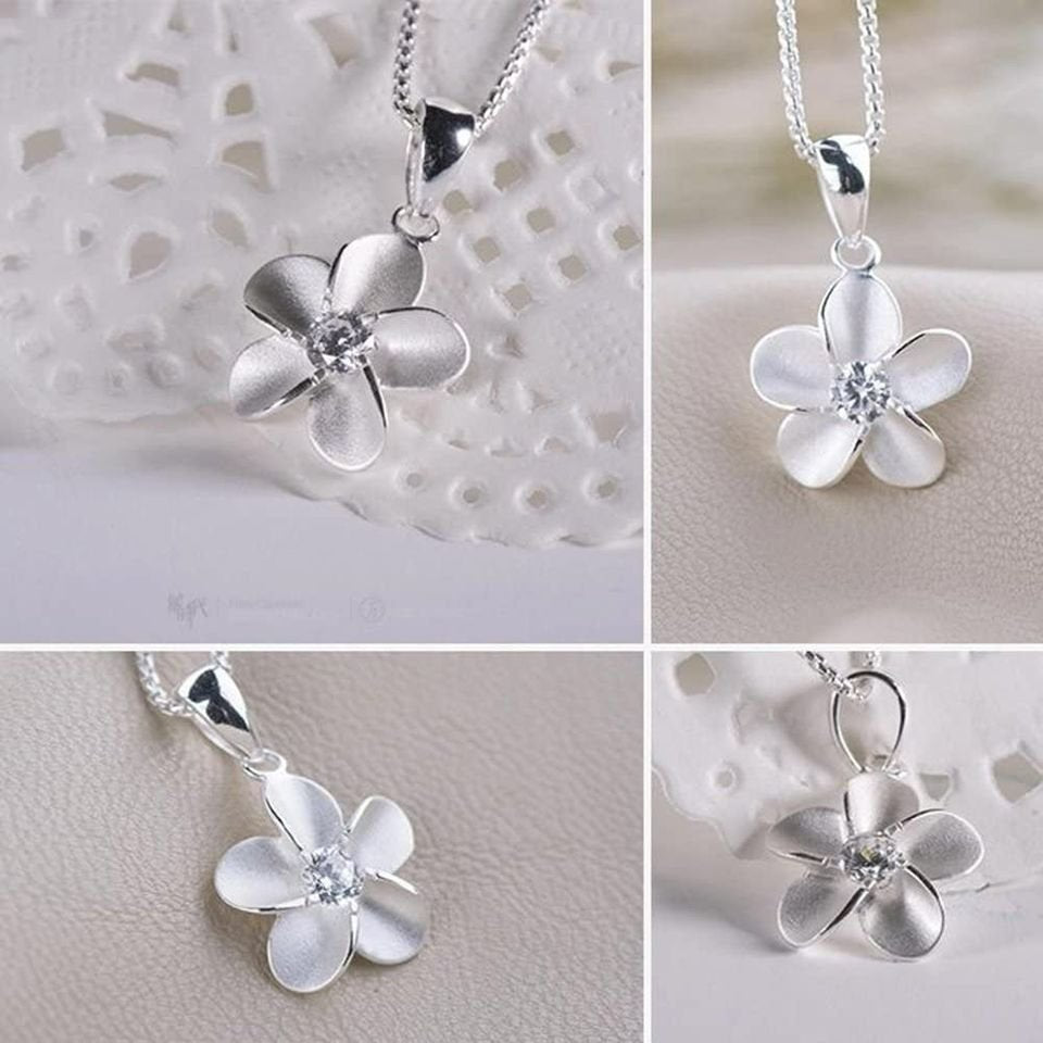 White Floral Flower Silver Necklace & Chain
