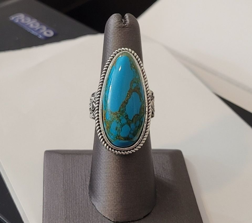 Huge Natural Blue Turquoise Flower Antique 925 Silver Ring