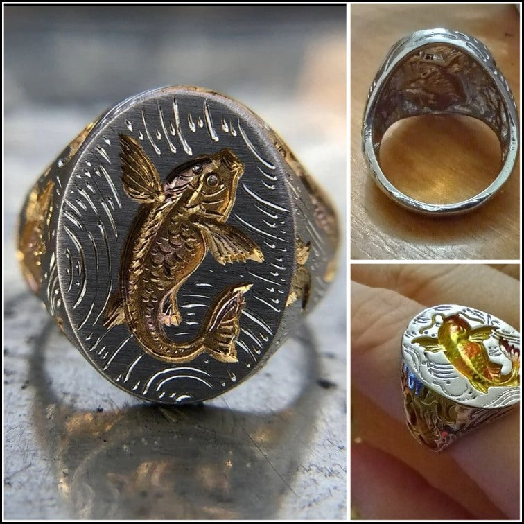 925 Sterling Silver Vintage Fossil Fish Retro Signet Ring