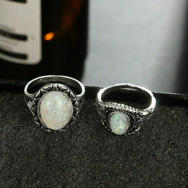 8pcs Vintage White Opal Antique Silver Ring Set