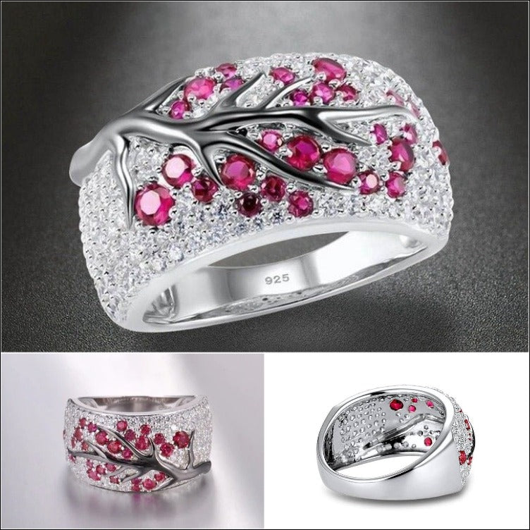 925 Sterling Silver Pink Tree Branch Leaves Blossom Ring