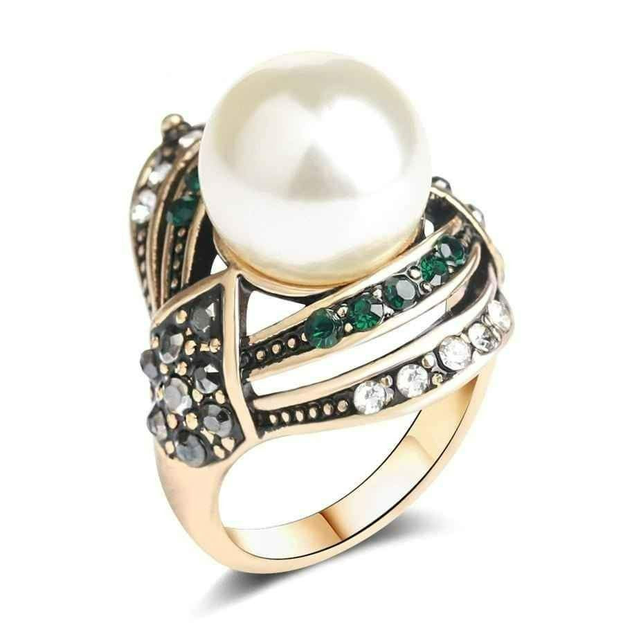 Vintage White Pearl Antique Gold Tone Turkish Ring