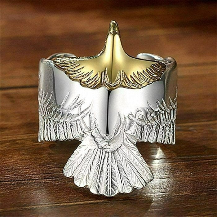 Sterling Silver Carved Flying Eagle Wings Open Ring