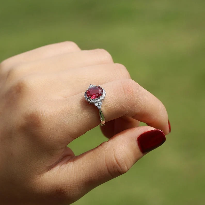 Sterling Silver Oval Ruby Red Halo Ring