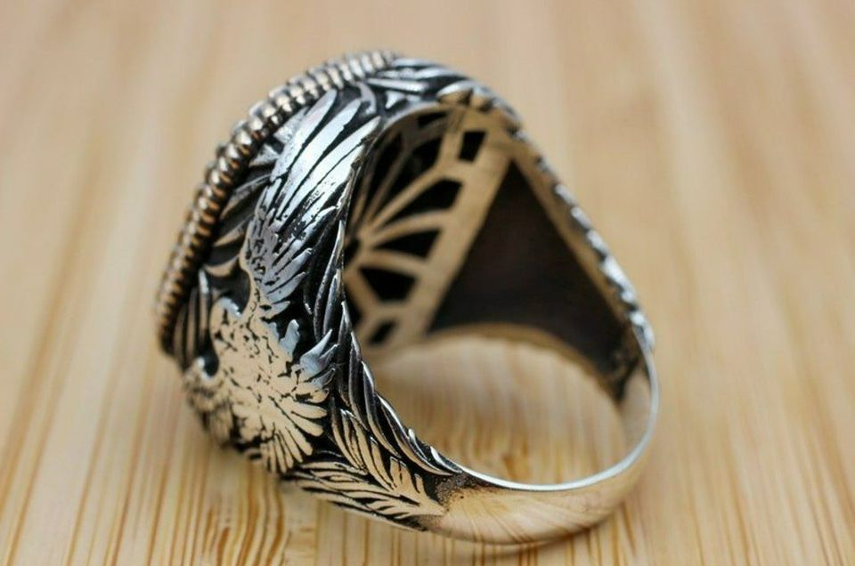 Men's Golden Black Eagle Big Retro Silver Ring