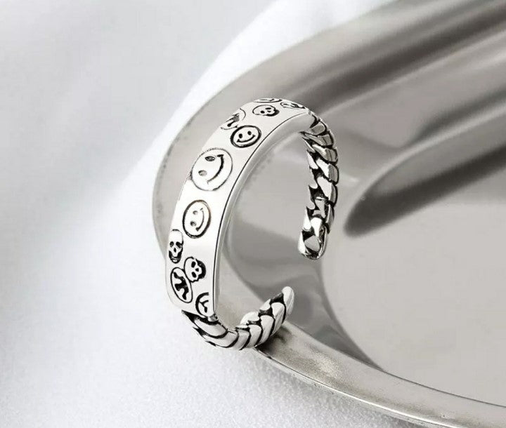 Sterling Silver Retro Smiling Happy Faces Open Ring