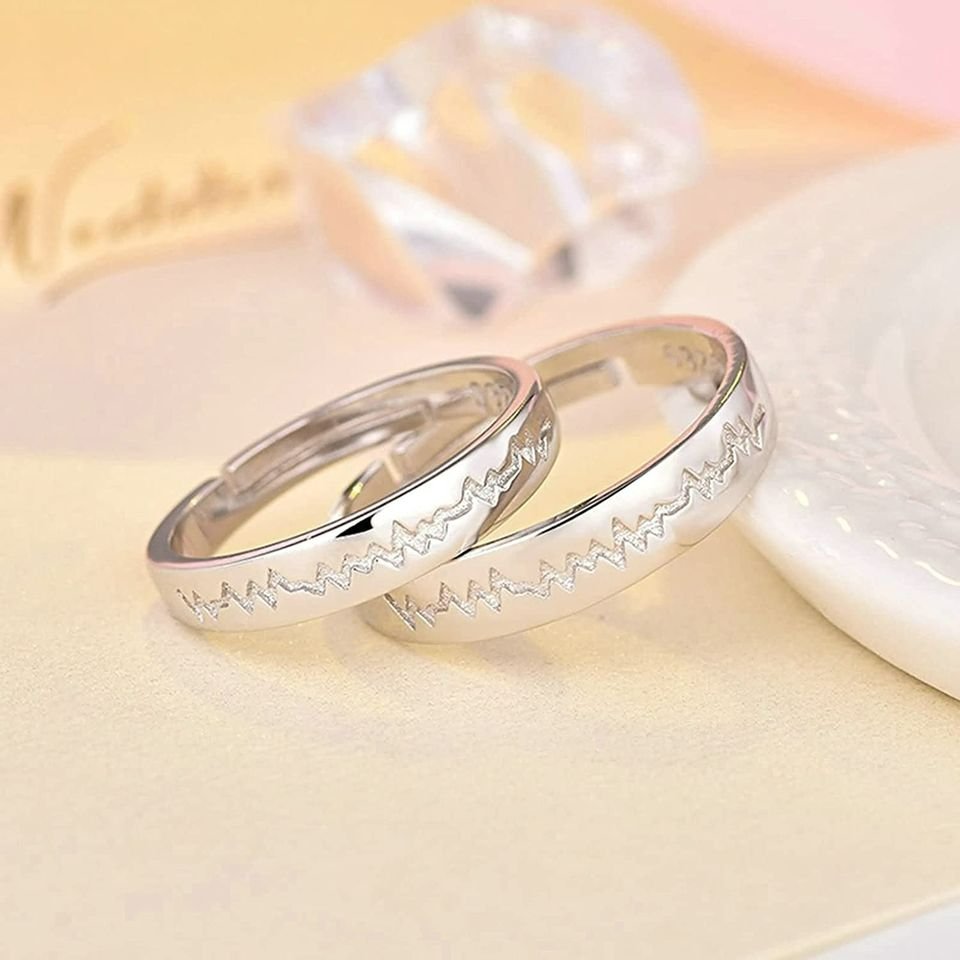 2pcs Sterling Silver Heart Electrocardiogram Matching Open Couple Rings