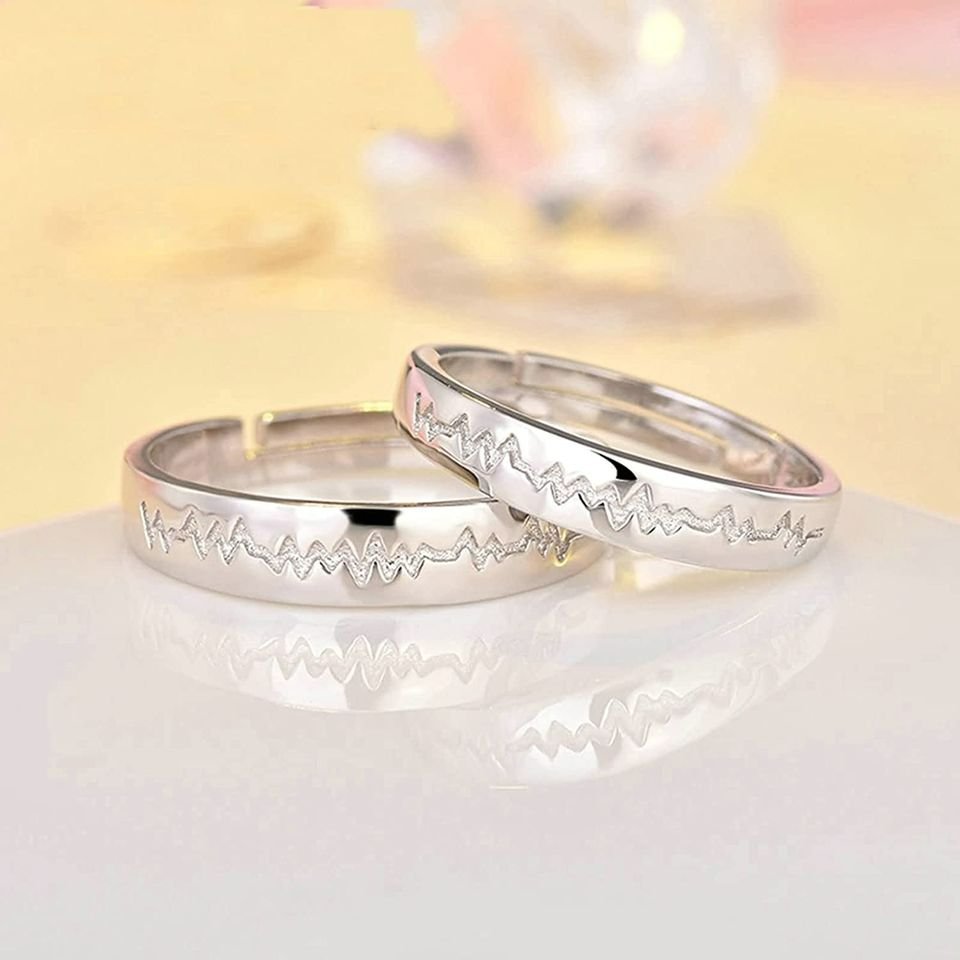 2pcs Sterling Silver Heart Electrocardiogram Matching Open Couple Rings