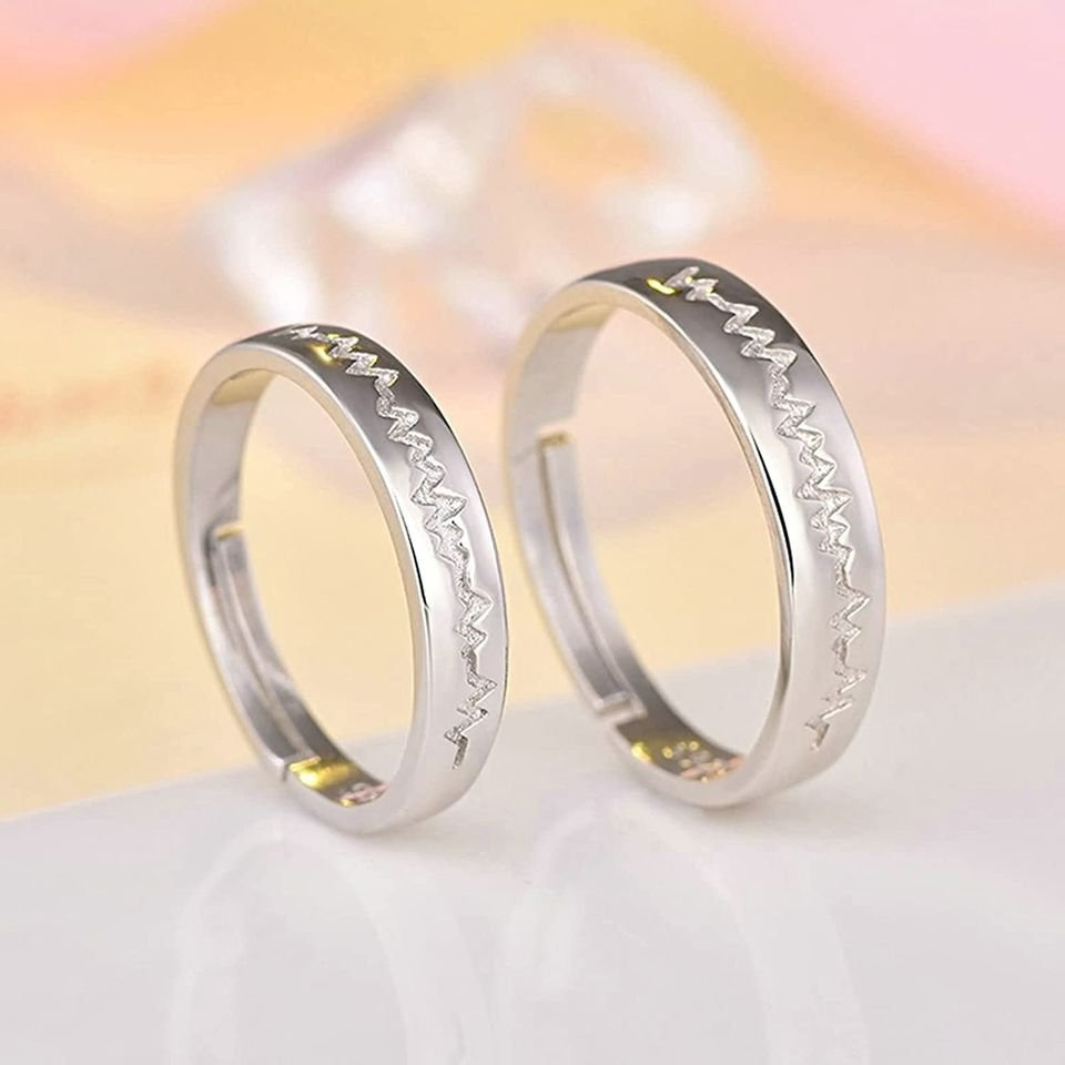 2pcs Sterling Silver Heart Electrocardiogram Matching Open Couple Rings