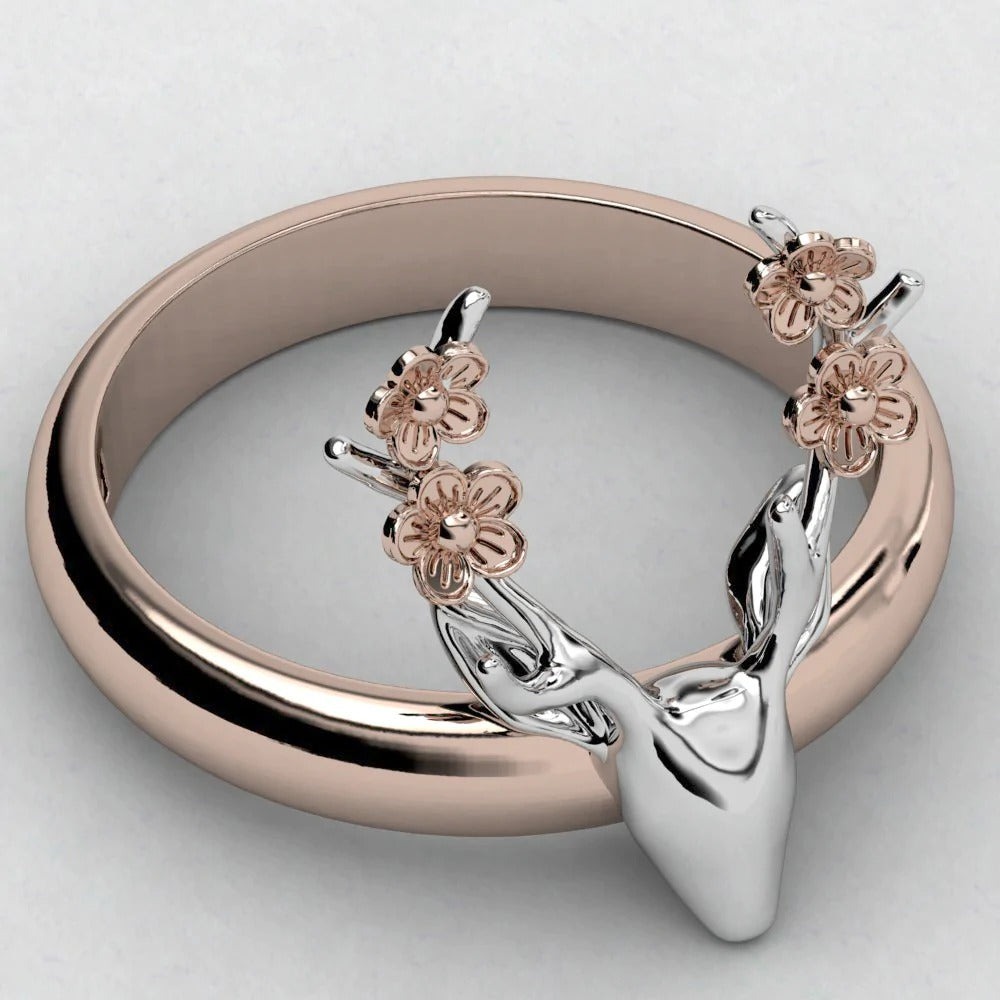 Deer Antler Pink Flower Rose Gold & Silver Two Tone Ring