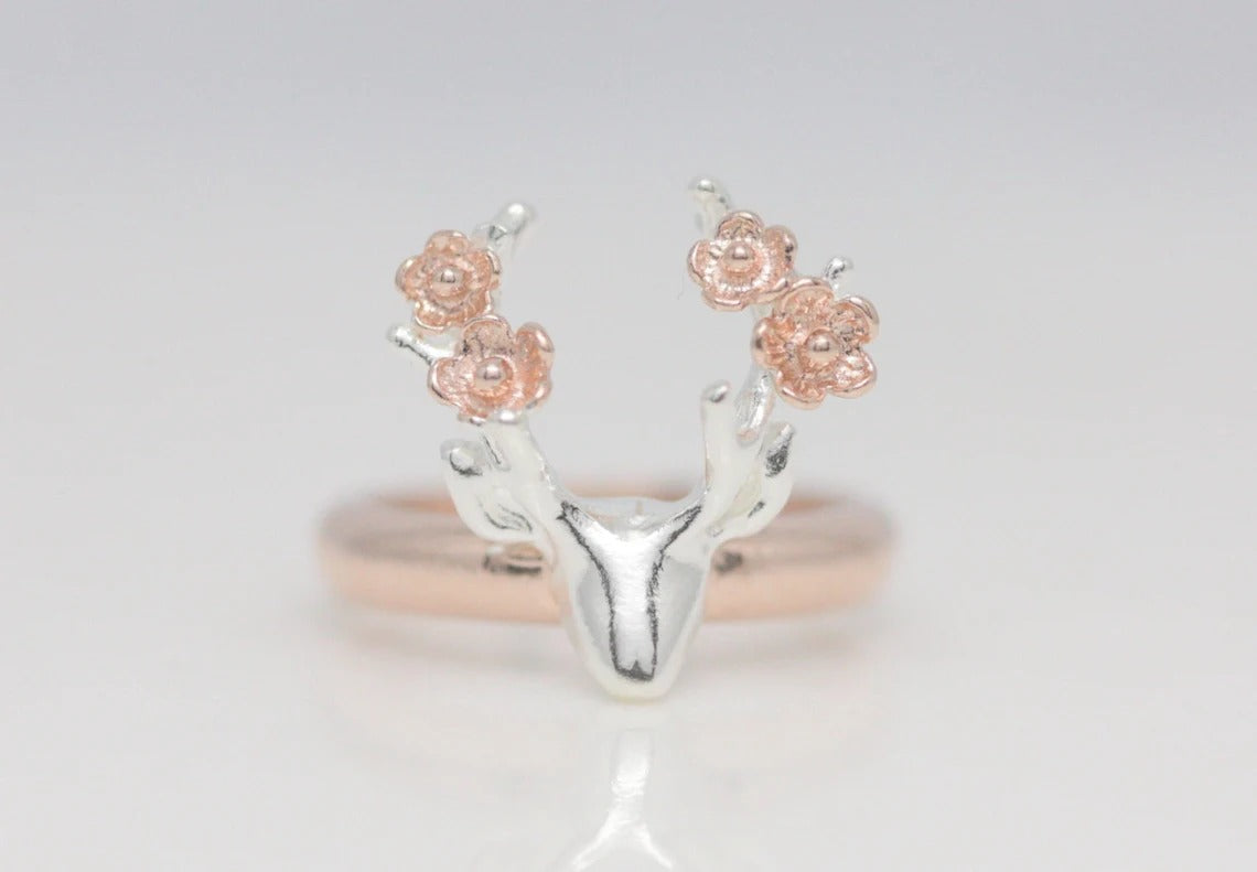 Deer Antler Pink Flower Rose Gold & Silver Two Tone Ring