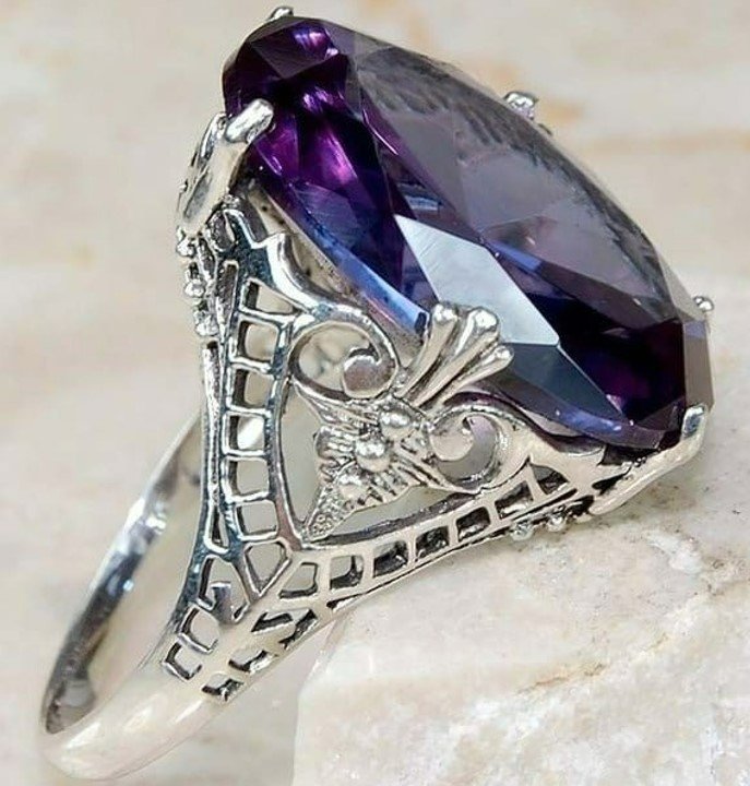 Big Vintage Purple Hollow Silver Art Deco Ring