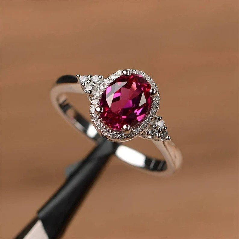 925 Sterling Silver Oval Ruby Red Halo Ring