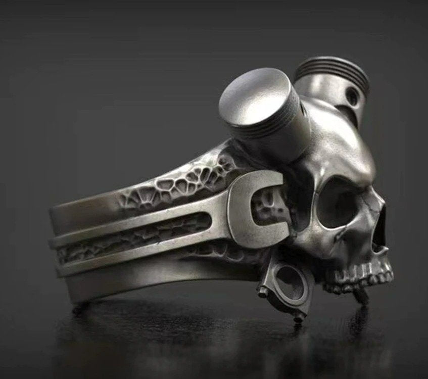 Retro Steampunk Mechanical Wrench Silver Skull Biker Ring