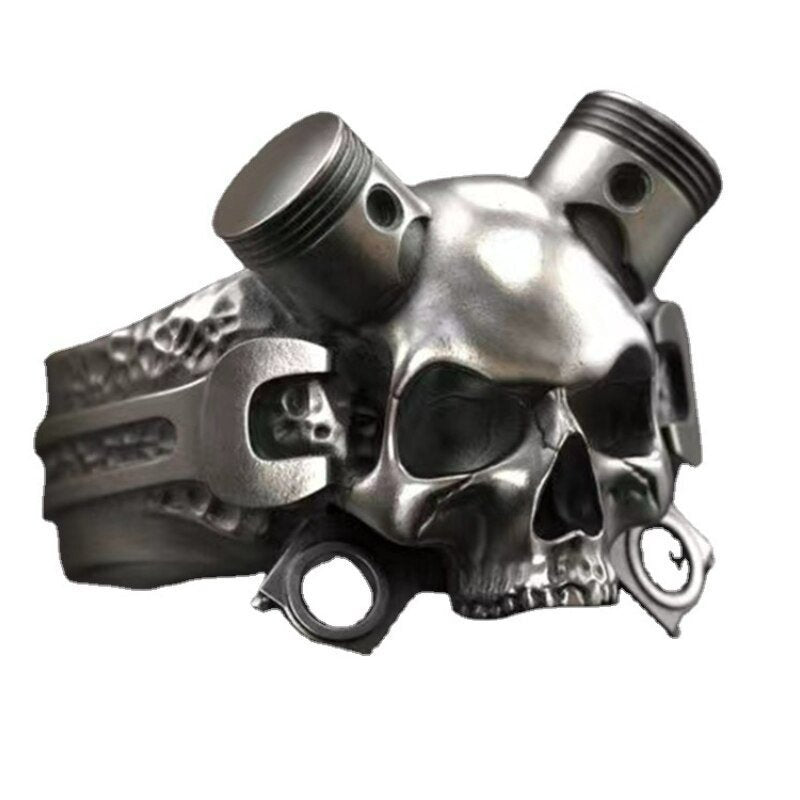 Retro Steampunk Mechanical Wrench Silver Skull Biker Ring