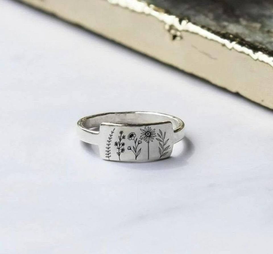 Carved Engraving Wildflowers Dandelion Daisy Silver Ring