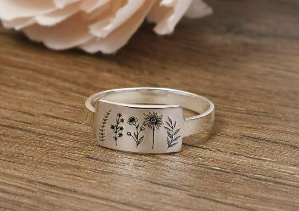 Carved Engraving Wildflowers Dandelion Daisy Silver Ring