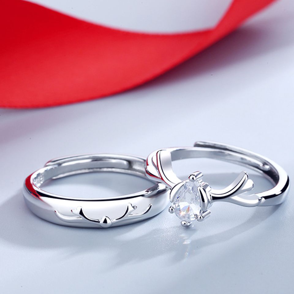 iuyih 2pcs Sterling Silver Deer Antler Matching Open Couple Rings