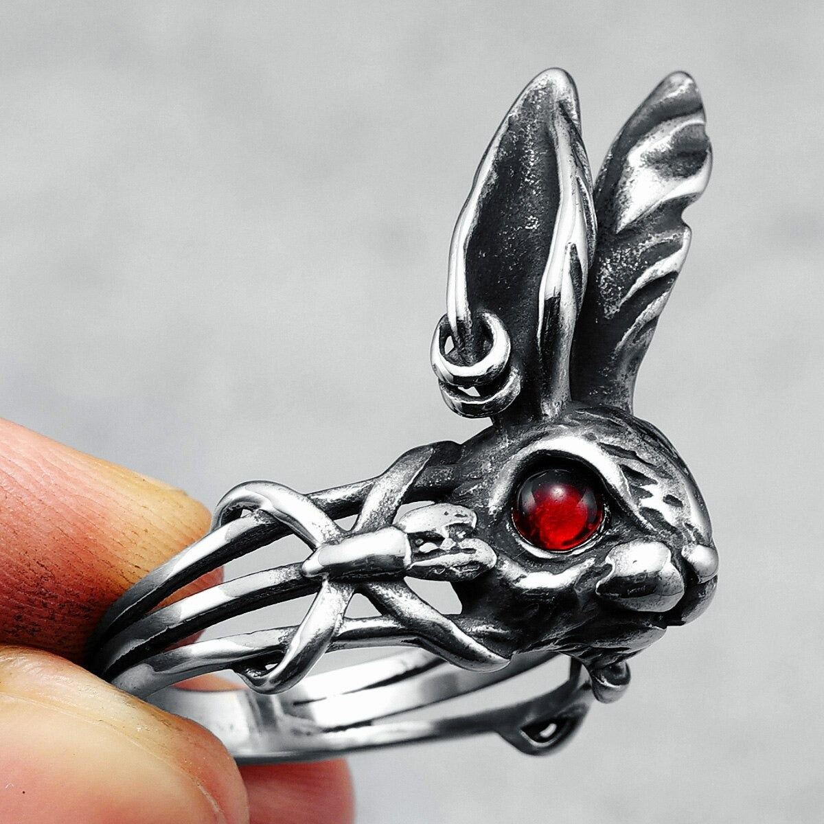 Retro Big Ear Rabbit Red Zircon Silver Open Animal Ring