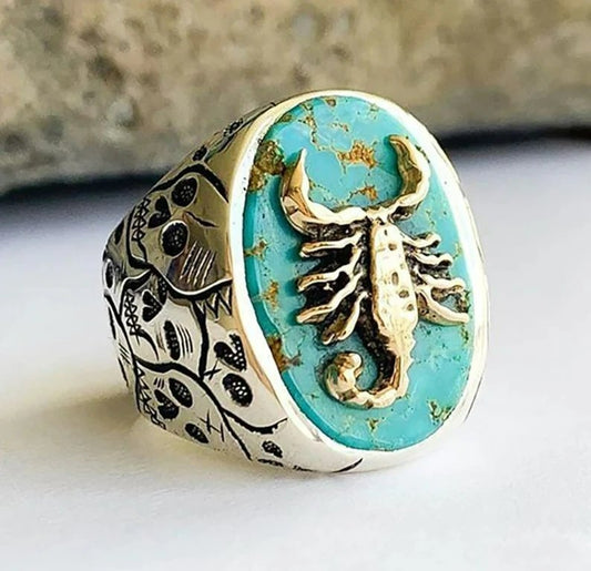 Vintage Engraved Skull Scorpion Turquoise Antique Silver Ring