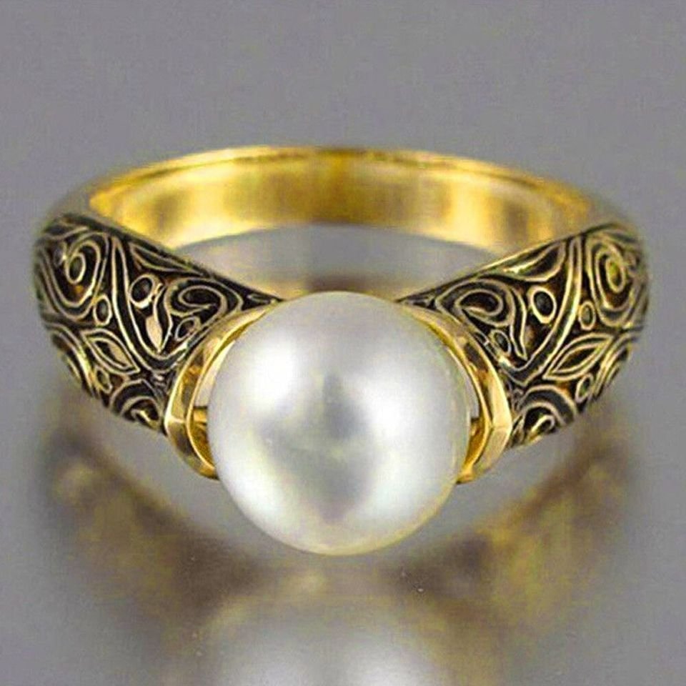 Vintage White Pearl Geometric Gold Black Gothic Ring