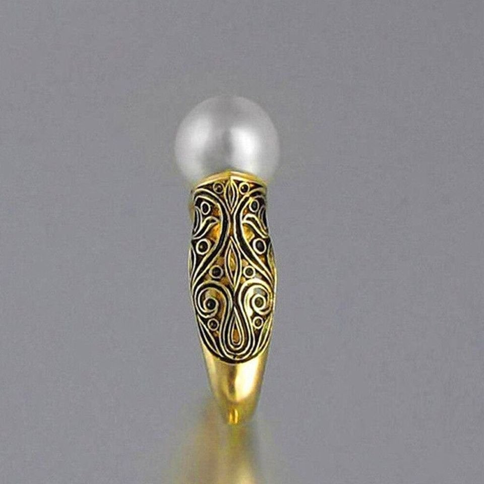 Vintage White Pearl Geometric Gold Black Gothic Ring