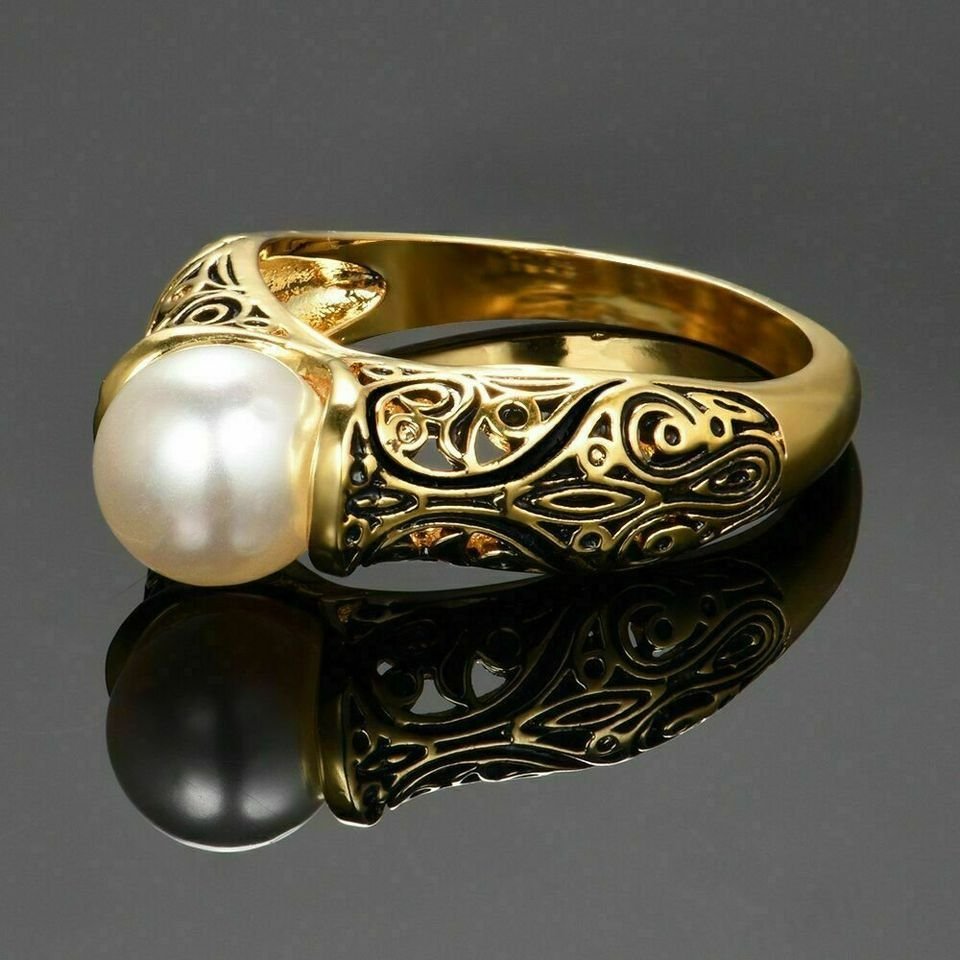 Vintage White Pearl Geometric Gold Black Gothic Ring