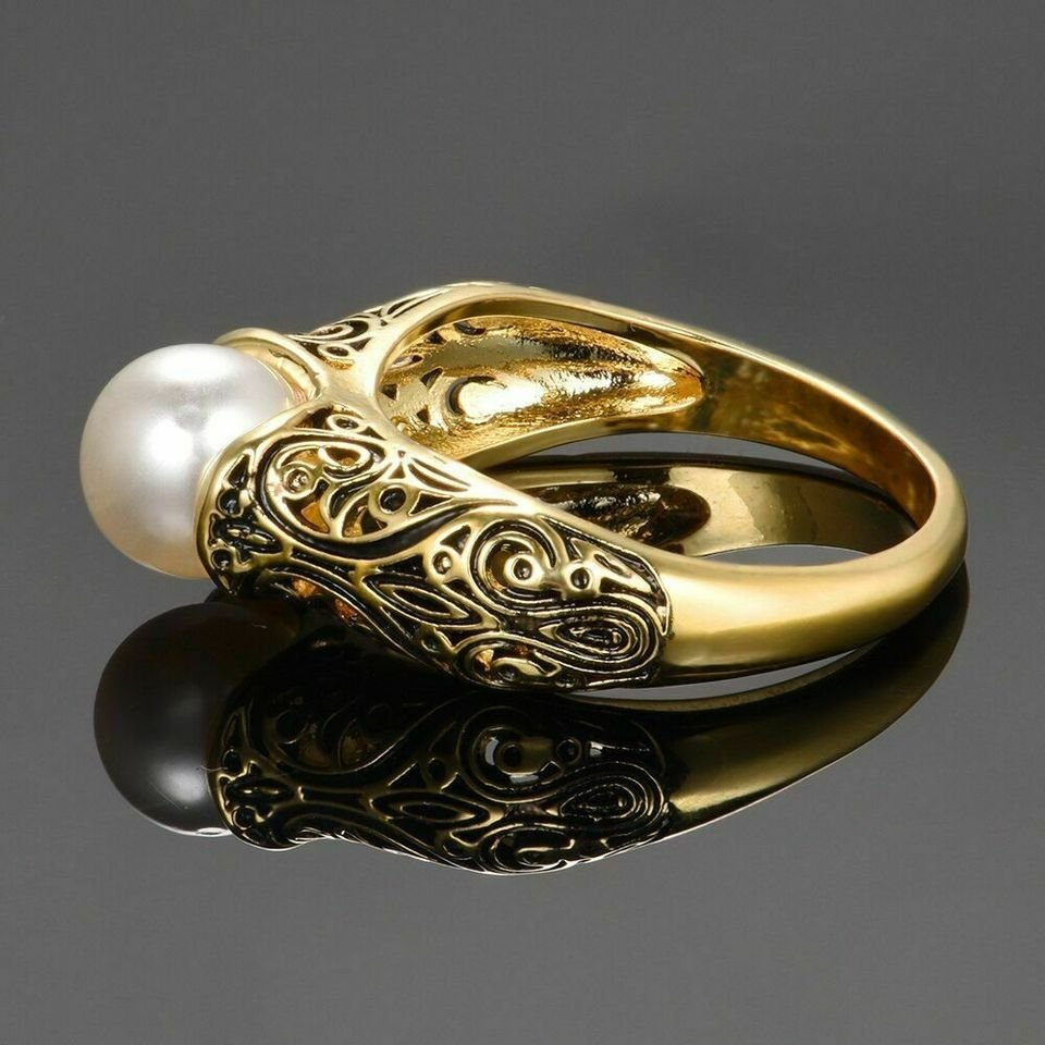 Vintage White Pearl Geometric Gold Black Gothic Ring