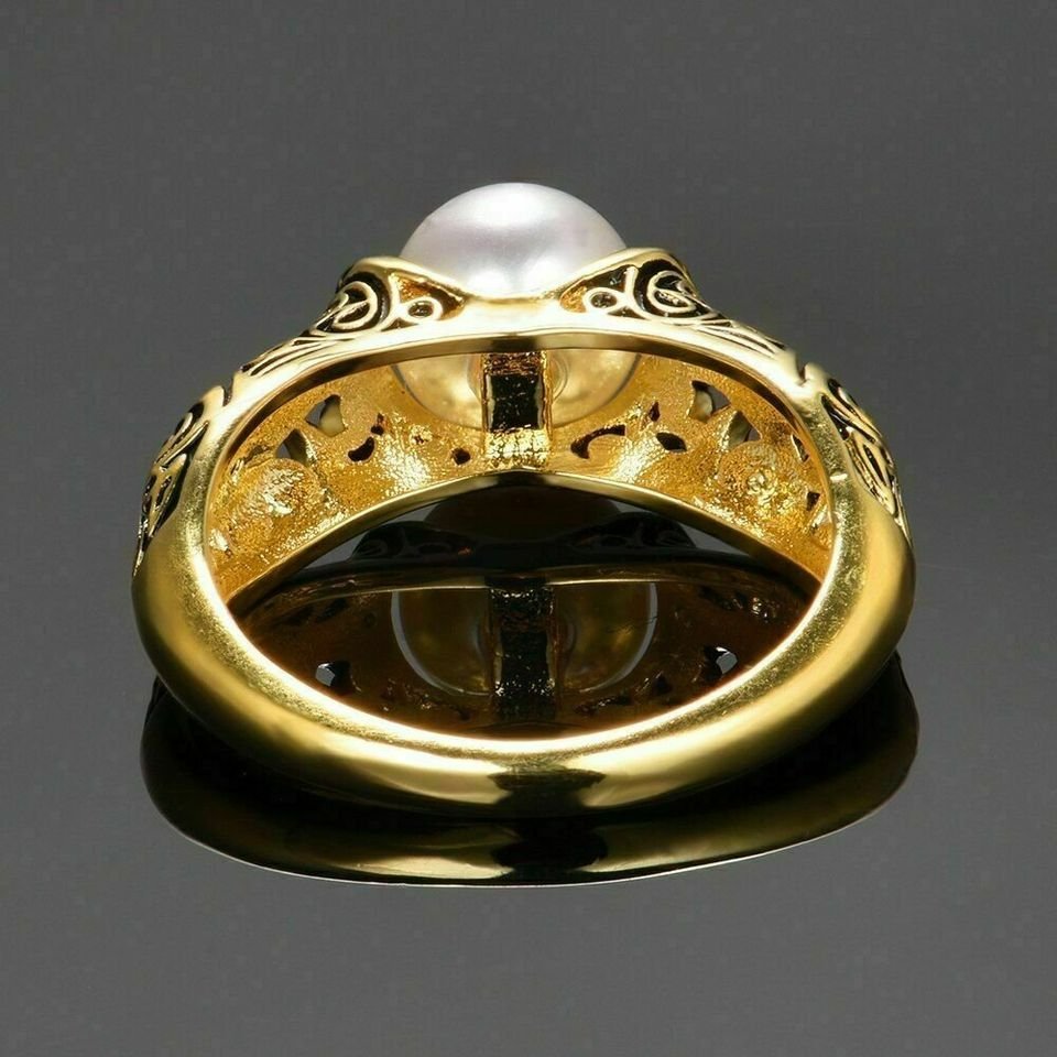 Vintage White Pearl Geometric Gold Black Gothic Ring