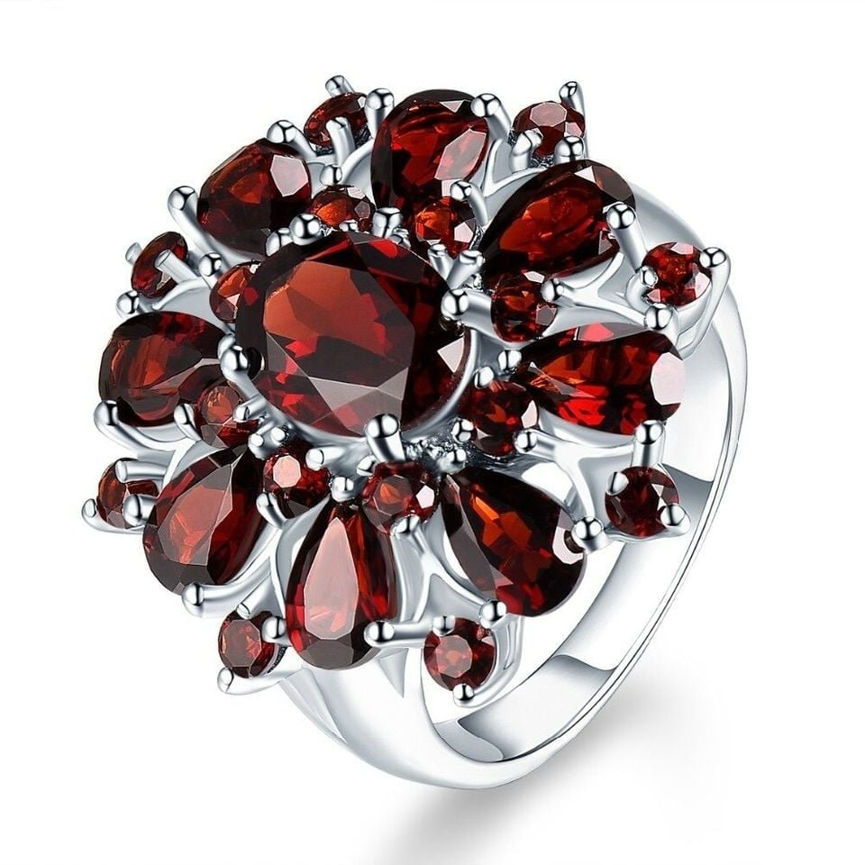 Vintage Dark Red Garnet Silver Faceted Flower Ring