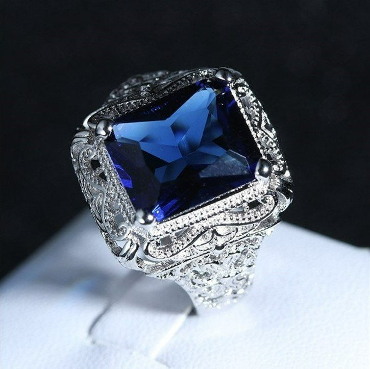 Vintage Sterling Silver Blue Sapphire Hollow Ring