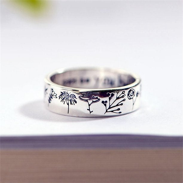 925 Sterling Silver Wildflowers Dandelion Flower Engraved Ring