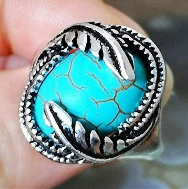 Oval Cut Natural Bohemia Turquoise Vintage Feather Antique Silver Ring