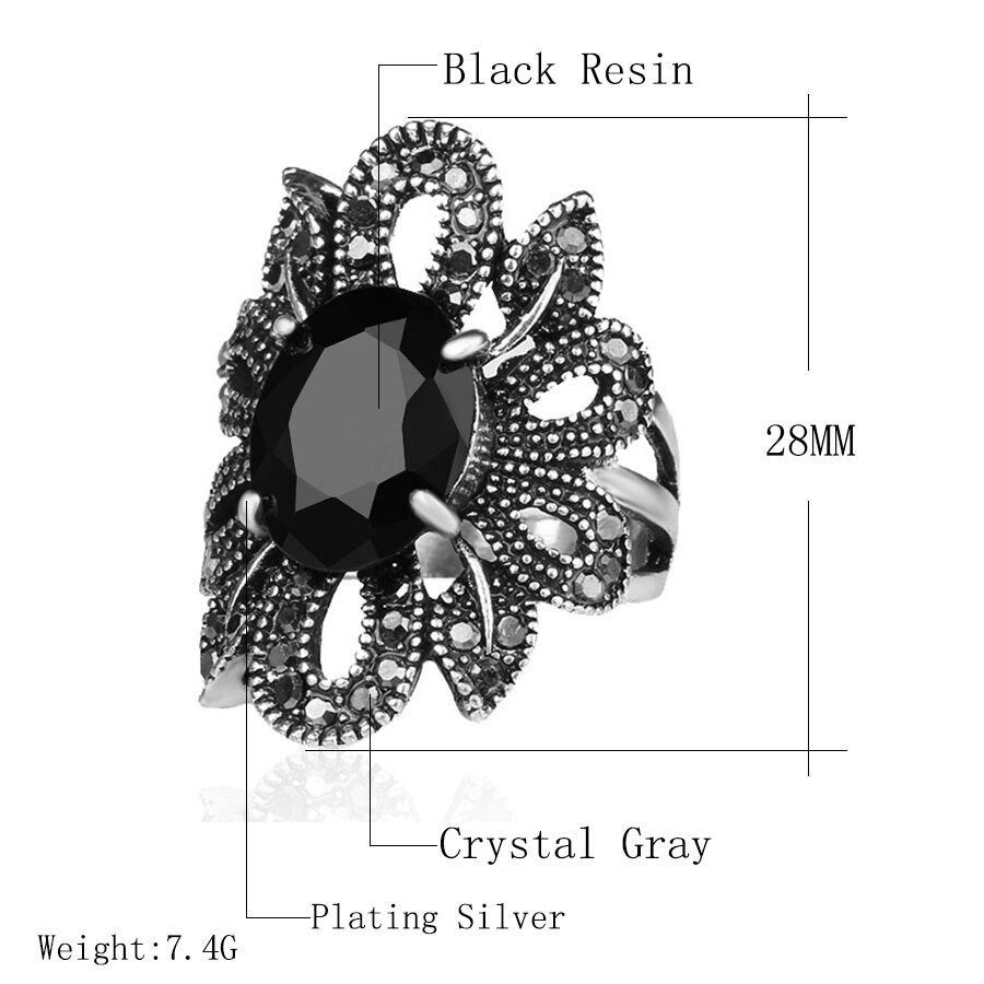 28mm Vintage Black Resin Hollow Out Flower Silver Ring