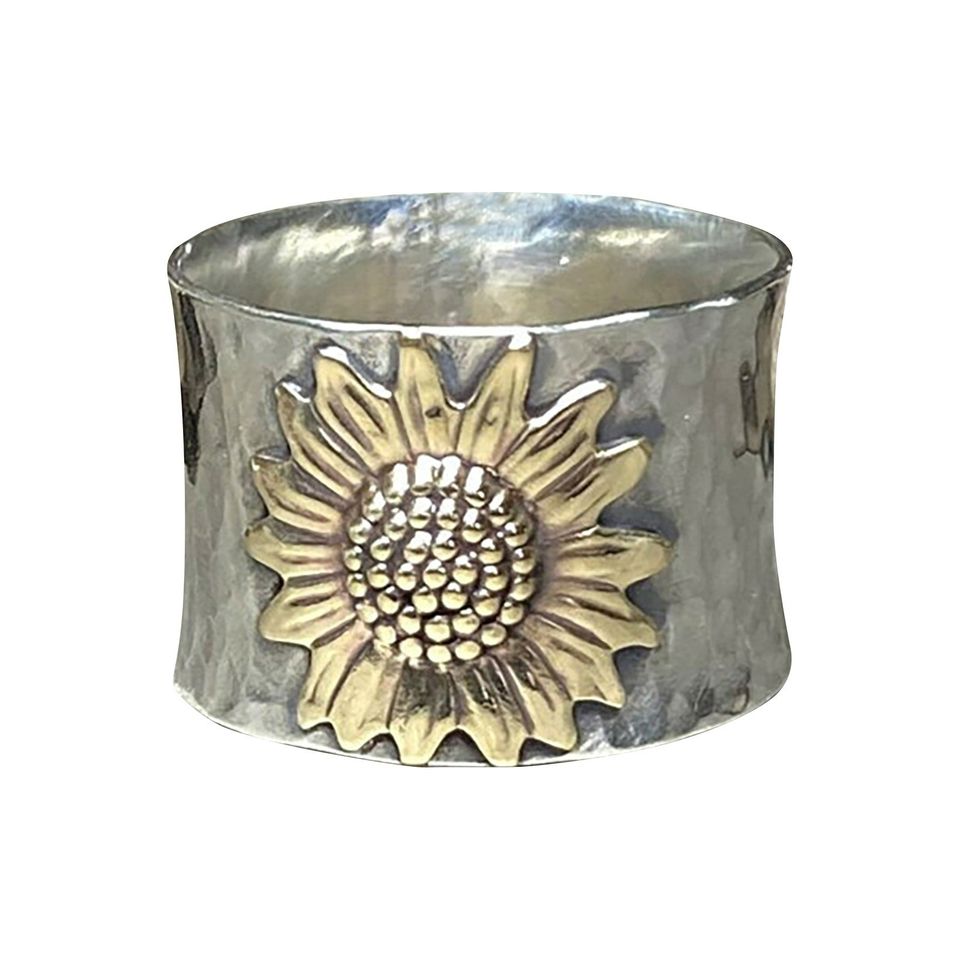 Vintage Carved Yellow Sunflower Silver Flower Ring