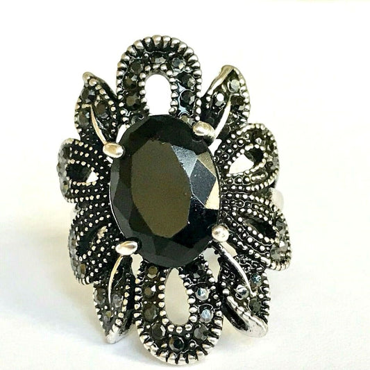 28mm Vintage Black Resin Hollow Out Flower Silver Ring