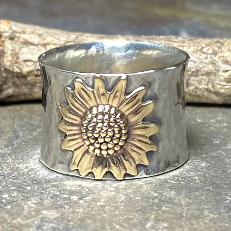 Vintage Carved Yellow Sunflower Silver Flower Ring